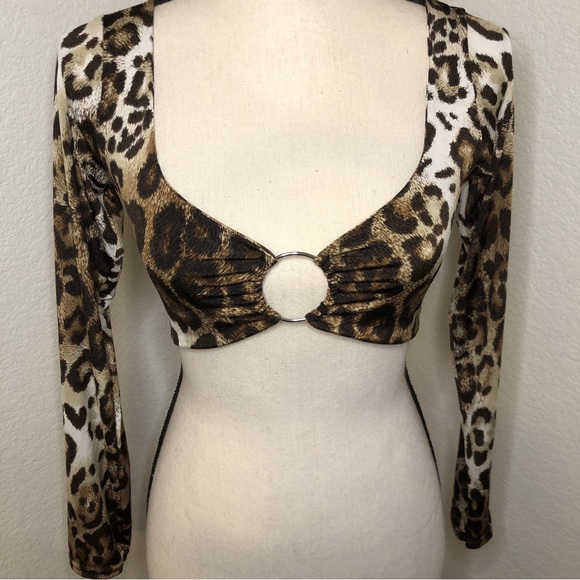 PrettyLittleThing Tan Leopard Slinky O Ring Long Sleeve Crop Top Size US-6 - Picture 7 of 14